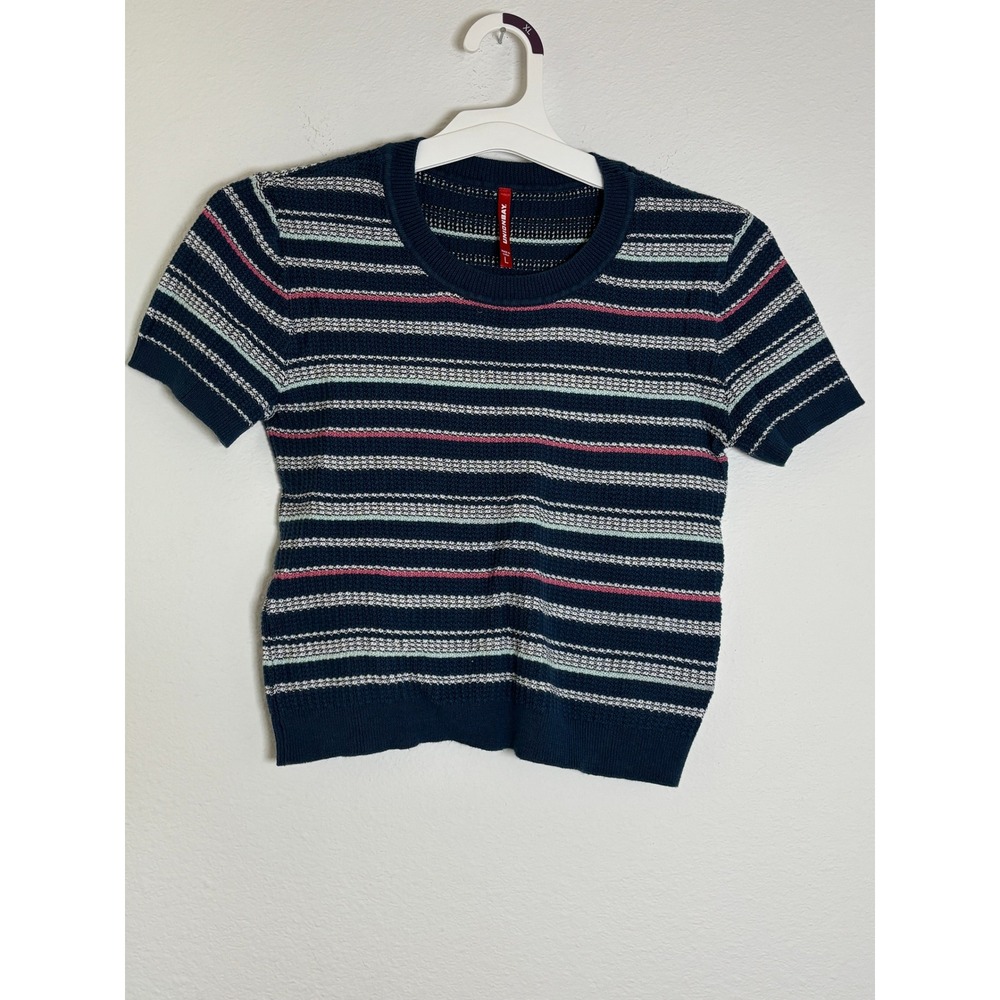 Unionbay Womens Navy Blue Striped Short Sleeve Knit Sweater Top Size L